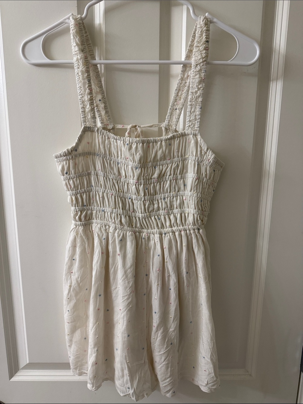 Urban Outfitters Cream Smocked Romper with Tiny Multicolor Dots
